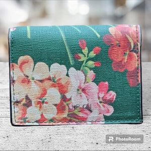 Gucci Calfskin Blooms Print Cardholder Wallet Bright Emerald Multicolor